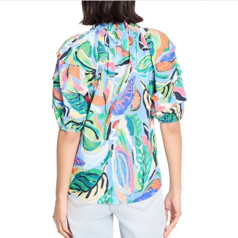 NIC+ZOE Island Beat Top Blue Multi Tropical Floral Smocked Cotton Blouse Medium - Picture 2 of 5